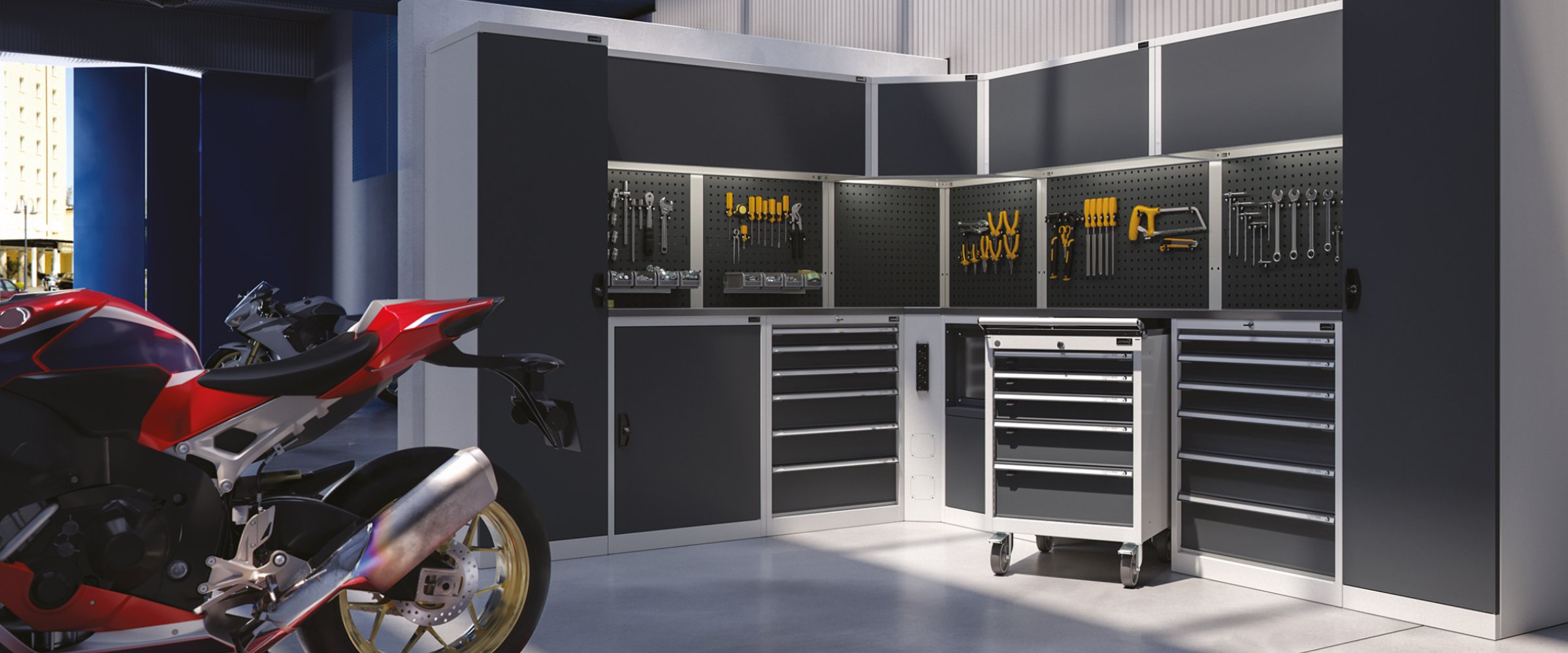 Featured garage cabinetry, flooring, and storage fitout